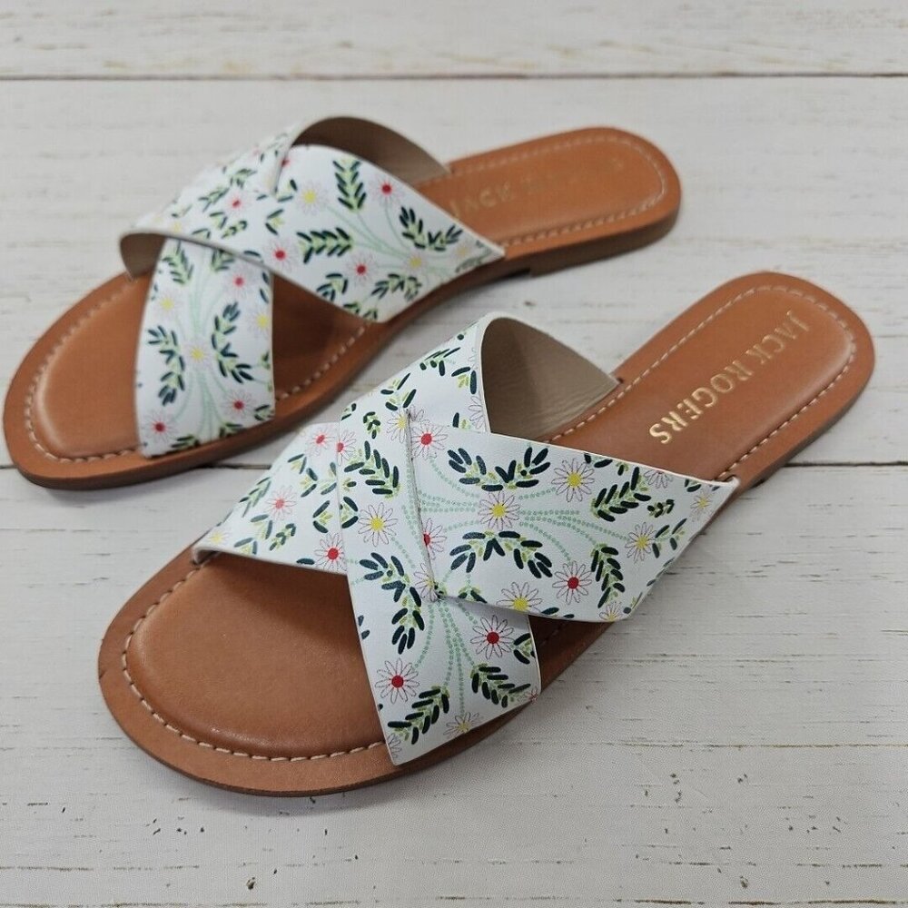 Jack Rogers Slone X Band Leather Slide Sandals White Daisy Floral Size 8.5